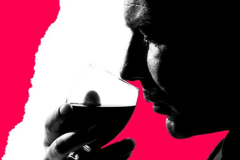 A sleazy-looking man drinking wine.